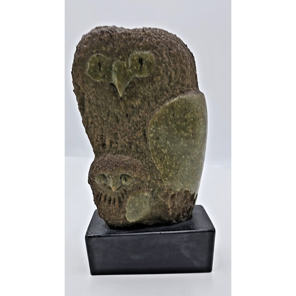 Frank Eliscu signed Olive Green Owl Sculpture and base "Owl Mother And Chick" - Picture 2 of 12